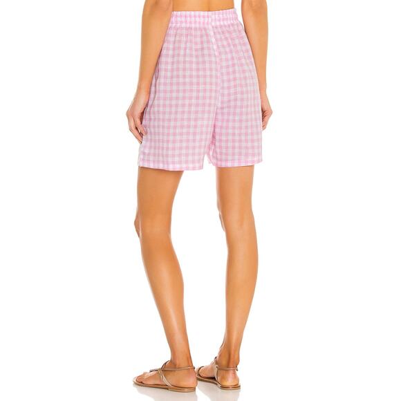 FRANKIES BIKINIS Lou Gingham Shorts Women Medium Pink Linen Drawstring High Rise - Picture 4 of 16